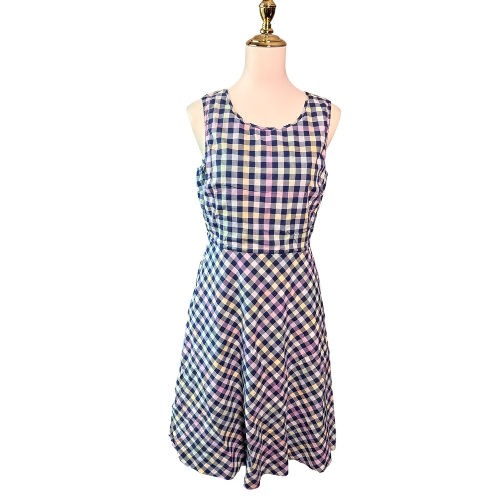Talbots Women's 8 Navy Pink Gingham Plaid Cotton Fit Flare Dress Pockets Lined